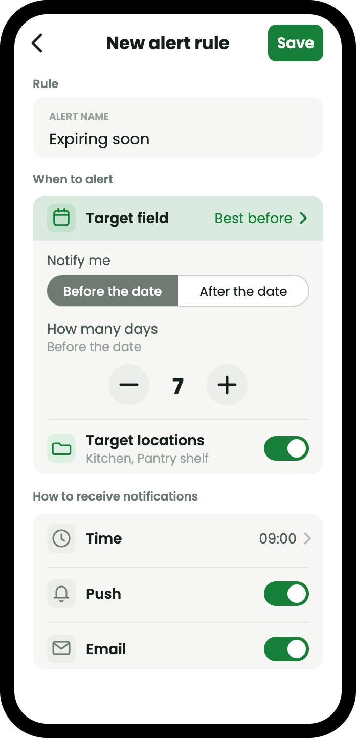 The new alert rule screen: a rule named Expiring soon, watching the Best before field, notifying seven days before the date at 09:00, limited to the Kitchen and Pantry shelf locations, with push and email both switched on.