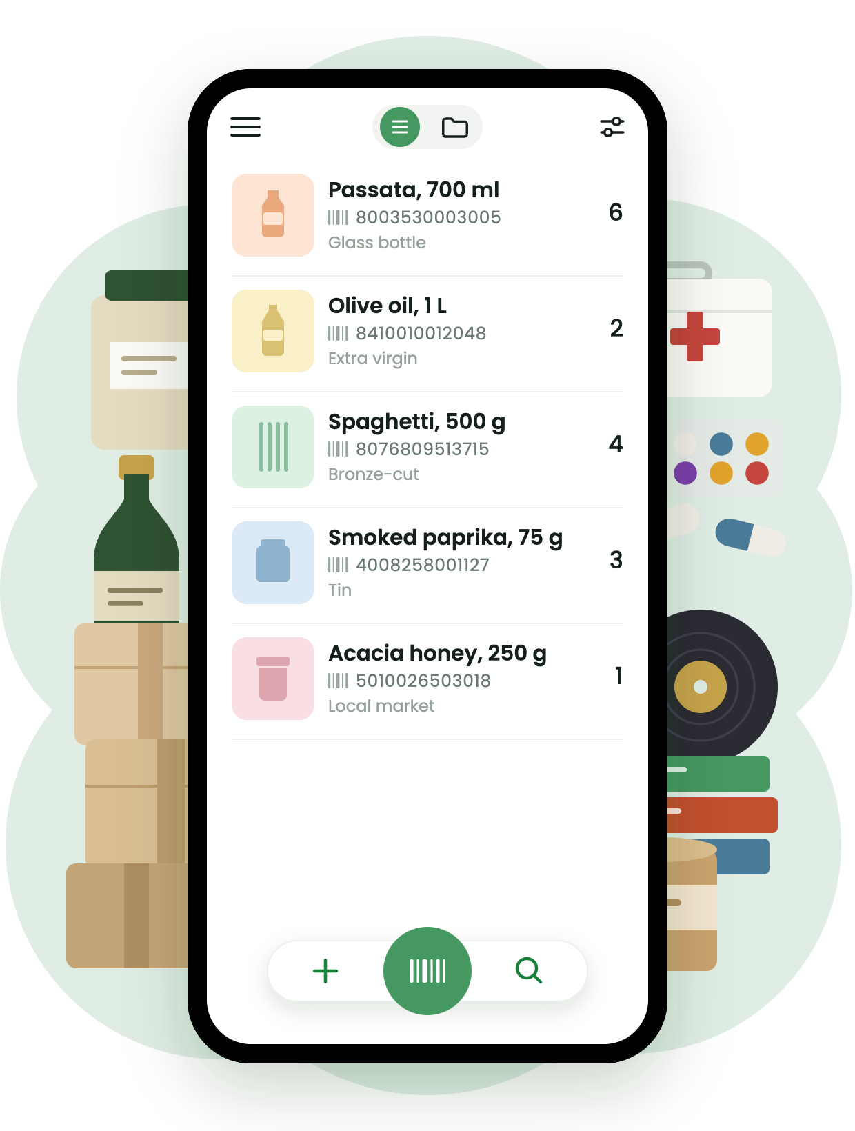 The 1inventory product list on a phone — passata, olive oil, spaghetti, smoked paprika and acacia honey, each with a thumbnail, barcode and quantity — surrounded by the kinds of things people catalogue: jars, a bottle, stacked boxes, a medicine cabinet, records and books.