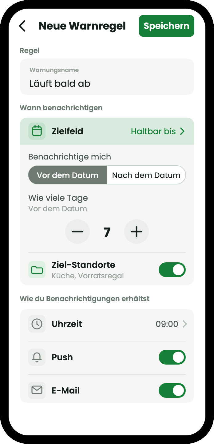 Der Bildschirm für eine neue Erinnerungsregel: eine Regel namens Läuft bald ab, die das Feld Mindestens haltbar bis beobachtet, sieben Tage vor dem Datum um 09:00 Uhr benachrichtigt, begrenzt auf die Orte Küche und Speisekammerregal, mit Push und E-Mail beide eingeschaltet.