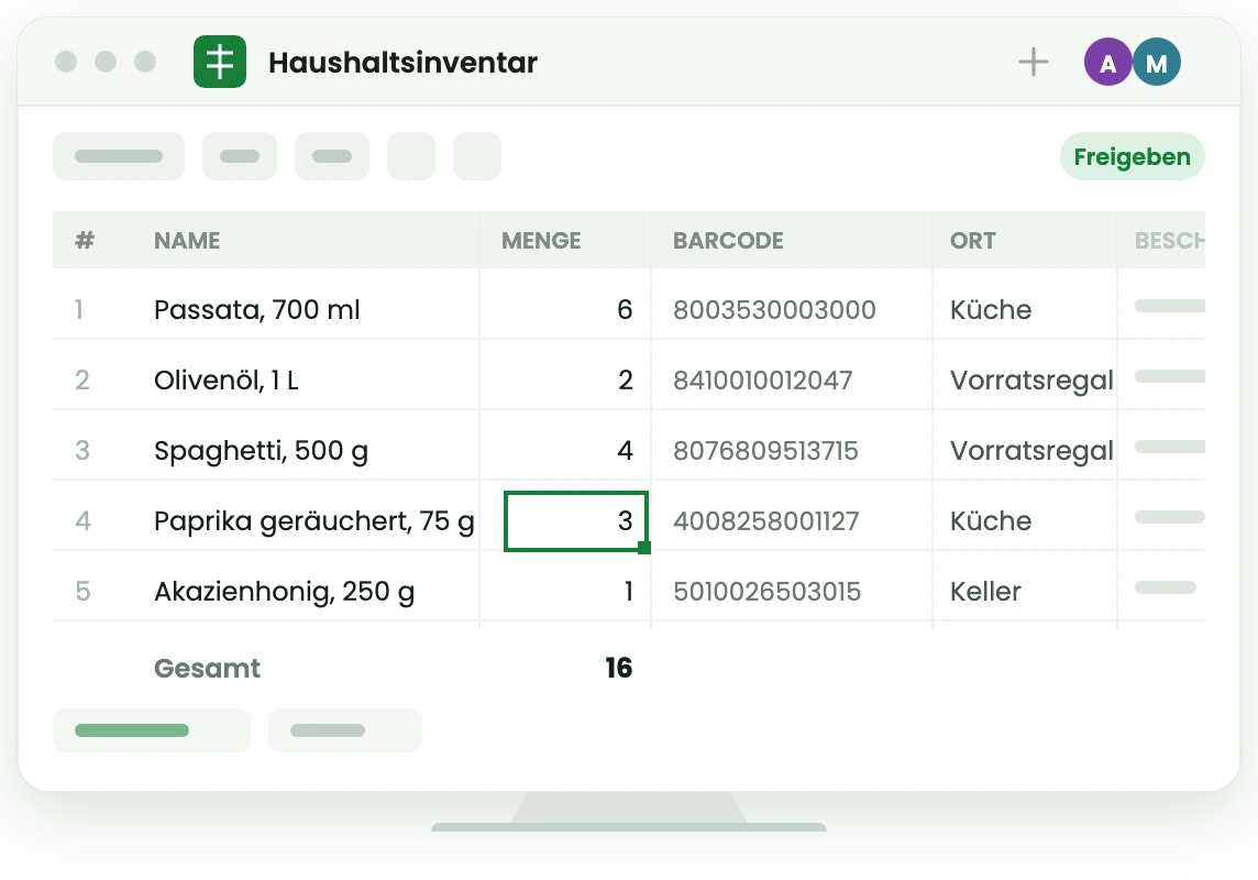 Eine Google-Tabelle namens Home inventory. Jedes Produkt ist eine Zeile: Name, Barcode, Menge und Ort, darunter eine laufende Summe.