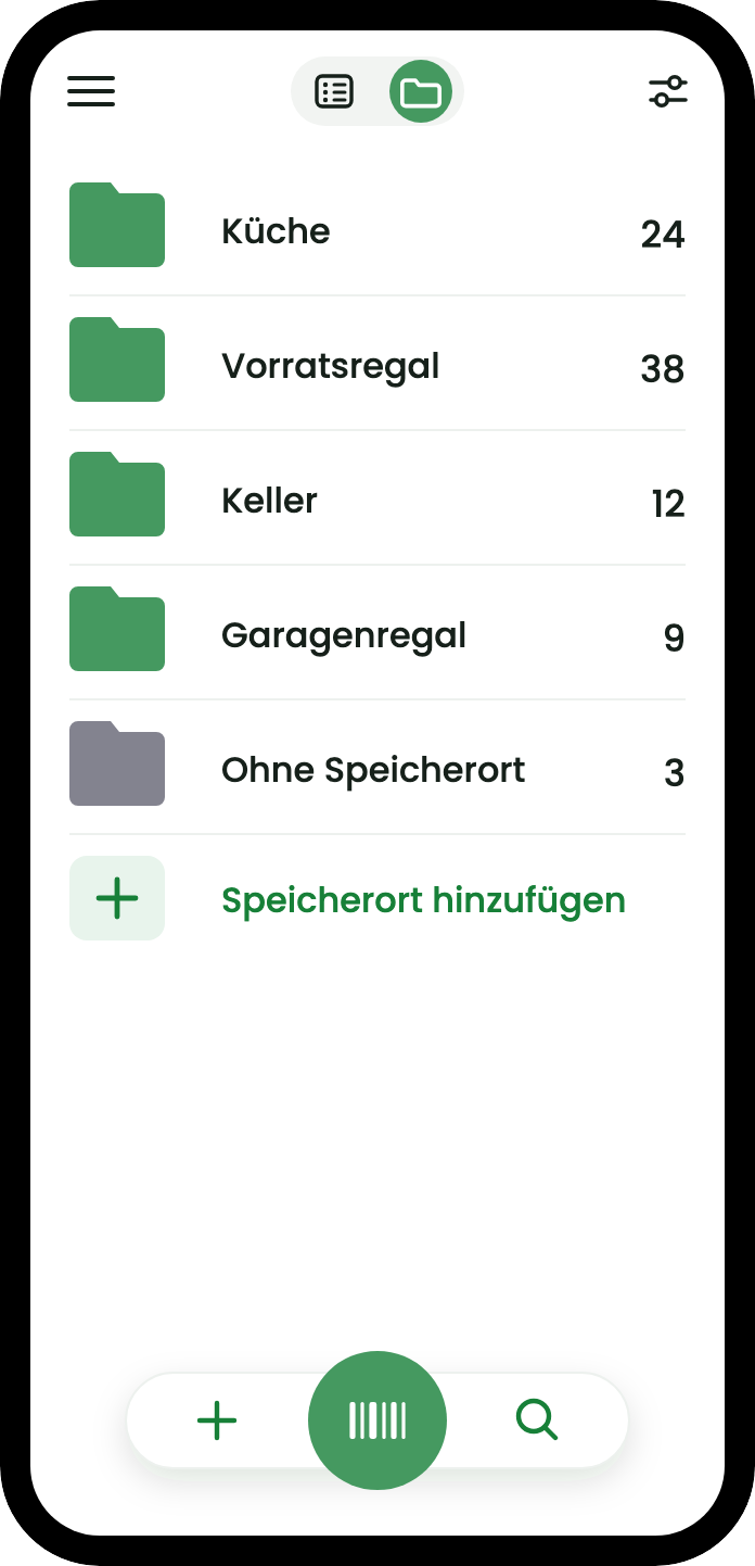 Die Orte-Ansicht listet jeden Ort mit einer Anzahl: Küche 24, Speisekammerregal 38, Keller 12, Garagenregal 9 und Ohne Ort 3.