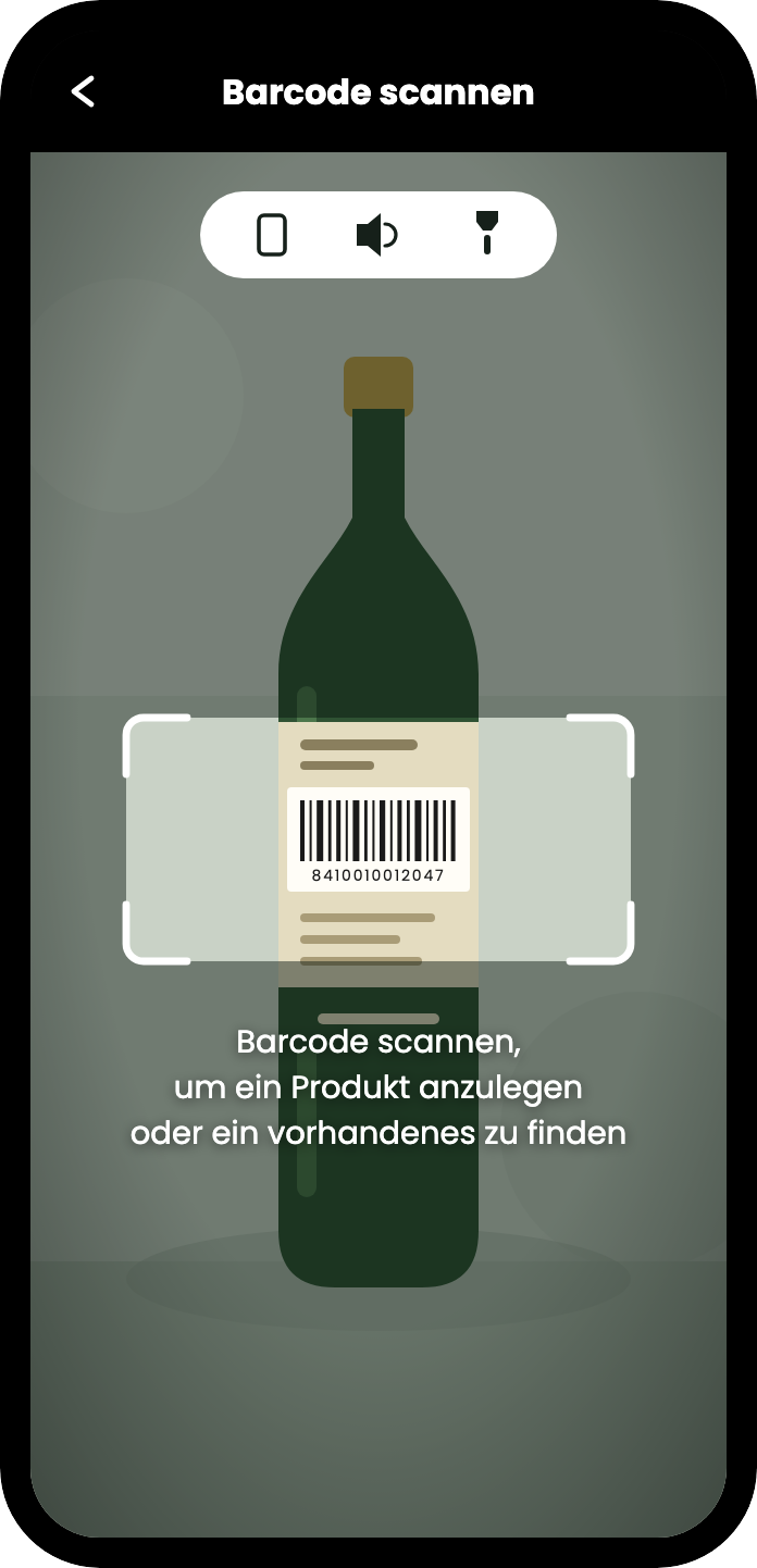 Der Scanner auf eine Flasche gerichtet, der Barcode von vier weißen Ecken eingerahmt, dazu der Hinweis: Barcode scannen, um ein neues Produkt anzulegen oder ein vorhandenes zu finden.