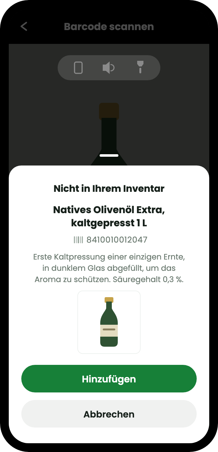 Das Ergebnis der Abfrage: Natives Olivenöl extra, kaltgepresst, 1 l, mit Barcode, Beschreibung und Produktfoto sowie einer Schaltfläche zum Hinzufügen.