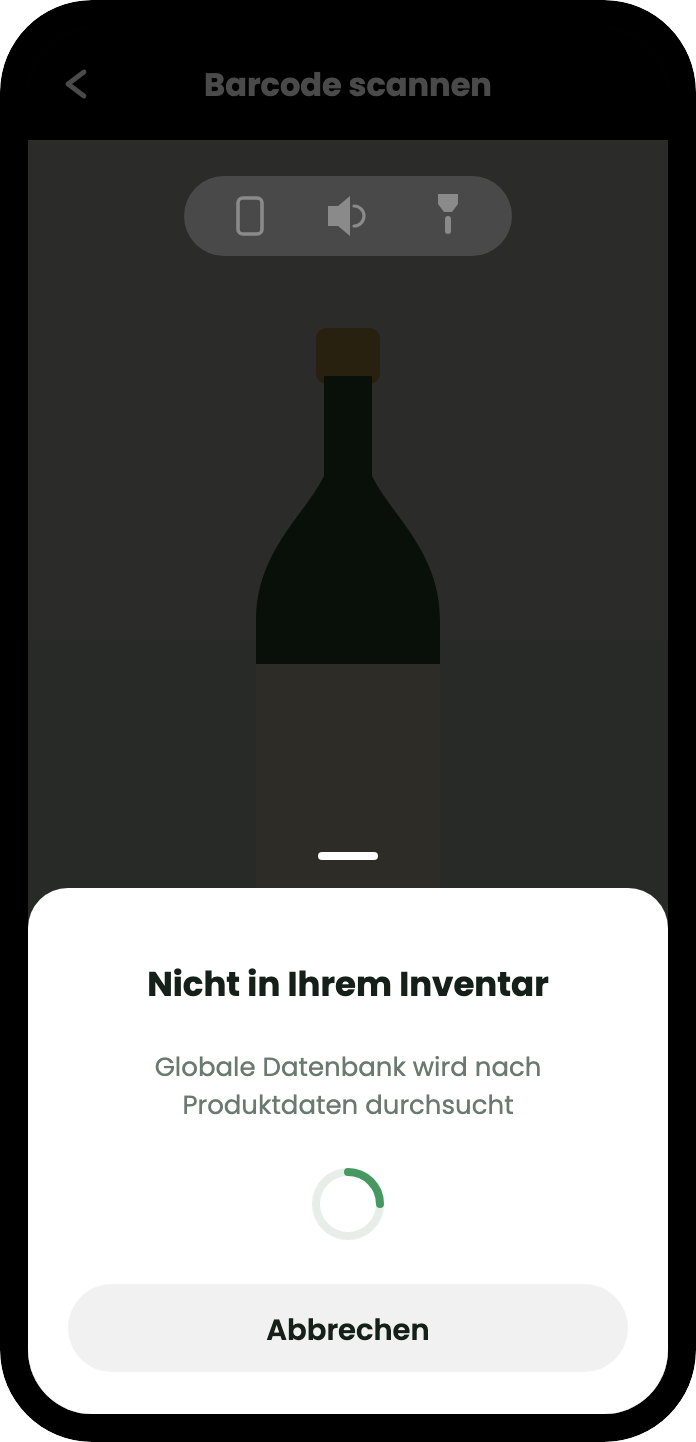 Ein Blatt mit dem Hinweis „Nicht in Ihrem Inventar“, einem Ladekreis und der Zeile: globale Datenbank wird nach Produktinformationen durchsucht.