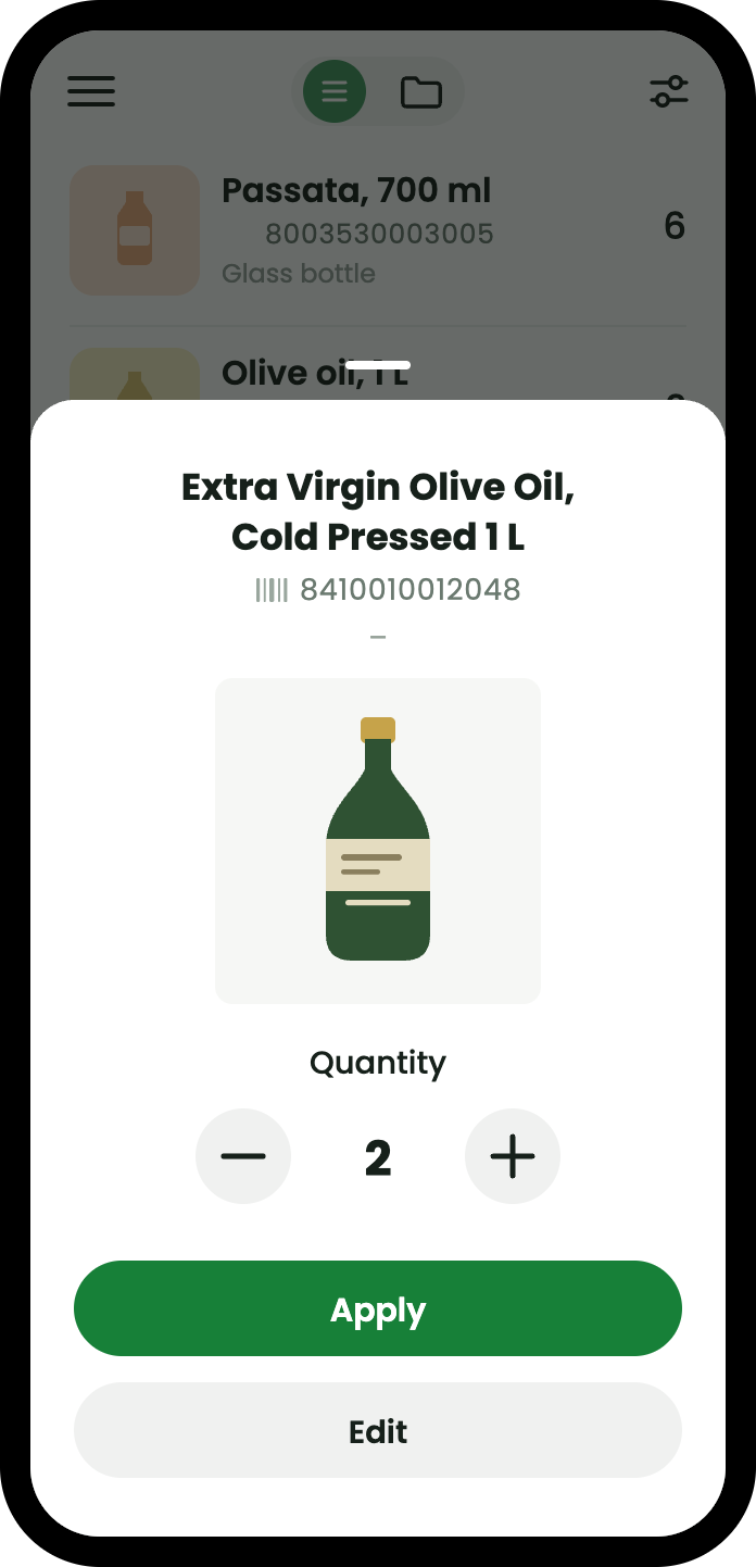 Scanning a product already in the list brings up its quantity sheet: Extra Virgin Olive Oil with its photo, a minus and plus either side of the number 2, and an Apply button.