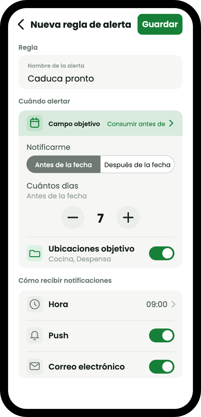La pantalla de nueva regla de aviso: una regla llamada Caduca pronto, que vigila el campo Consumir antes de, avisa siete días antes de la fecha a las 09:00, limitada a las ubicaciones Cocina y Estante de la despensa, con notificación y correo activados.