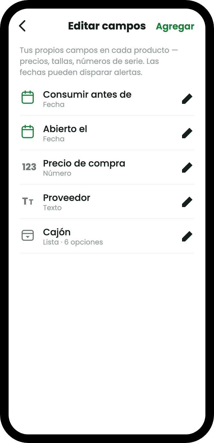 La pantalla de edición de campos con cinco campos propios y sus tipos: Consumir antes de y Abierto el como fechas, Precio de compra como número, Proveedor como texto y Balda como lista desplegable con seis opciones.