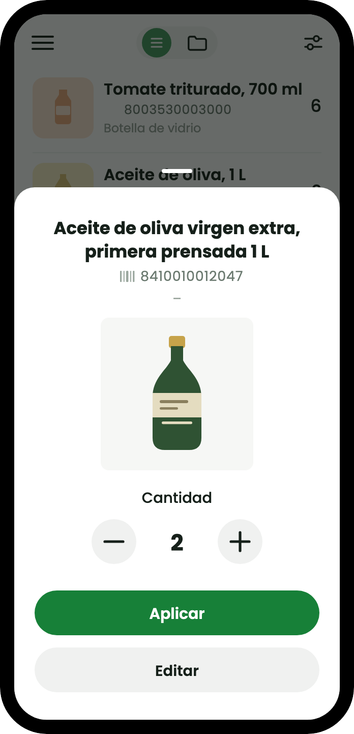Al escanear un producto que ya está en la lista aparece su hoja de cantidad: Aceite de oliva virgen extra con su foto, un menos y un más a cada lado del número 2, y un botón para aplicar.