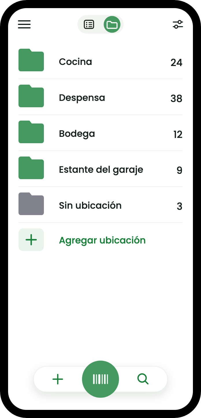 La vista de ubicaciones muestra cada lugar con un recuento: Cocina 24, Estante de la despensa 38, Bodega 12, Estante del garaje 9 y Sin ubicación 3.