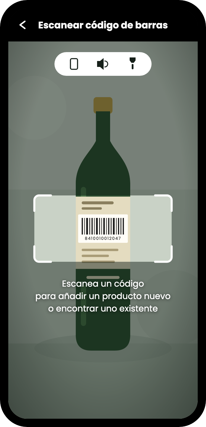 El escáner apuntando a una botella, con el código de barras enmarcado por cuatro esquinas blancas y el mensaje: escanea un código de barras para añadir un producto nuevo o encontrar uno existente.