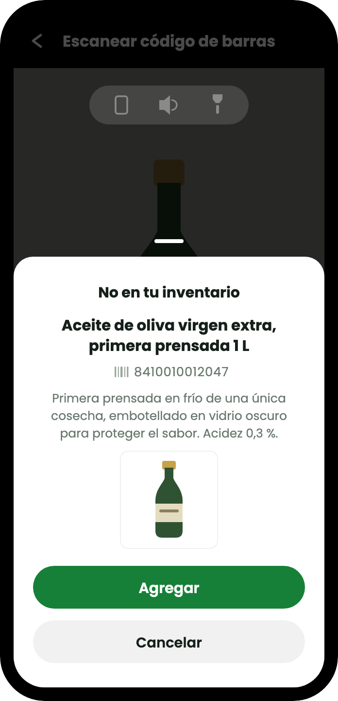 El resultado de la consulta: Aceite de oliva virgen extra, prensado en frío, 1 l, con su código de barras, una descripción y una foto del producto, y un botón para añadirlo.