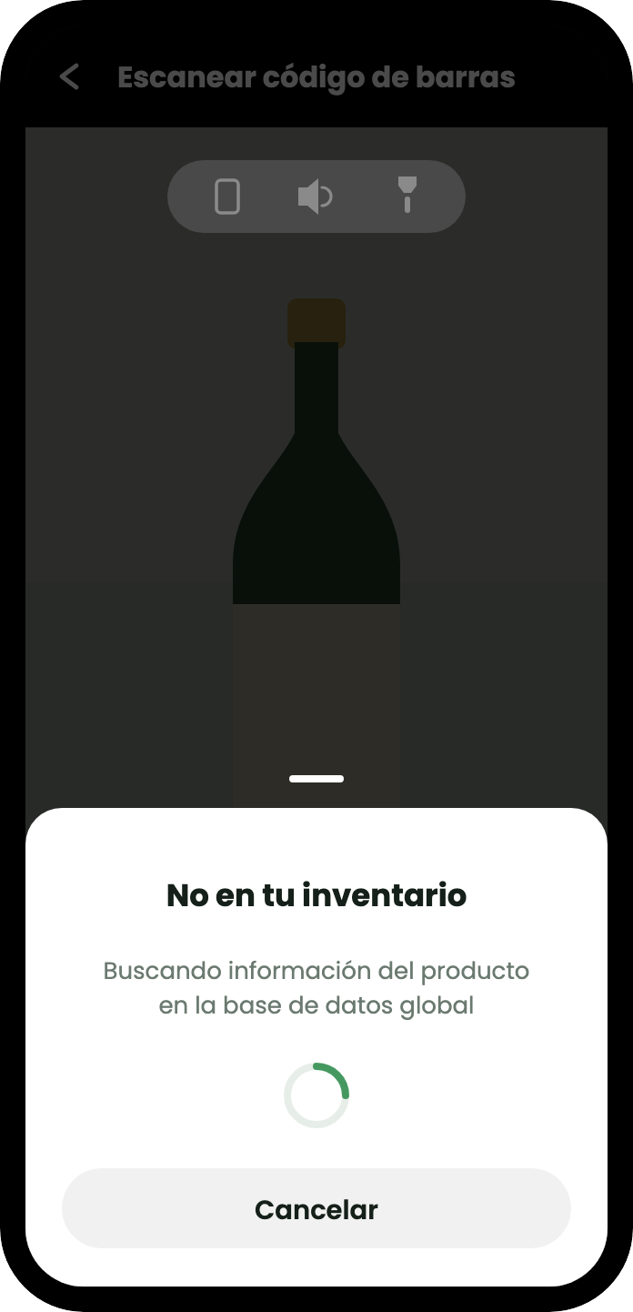 Una hoja que dice No está en tu inventario, con un indicador de carga y la línea: buscando información del producto en la base de datos global.