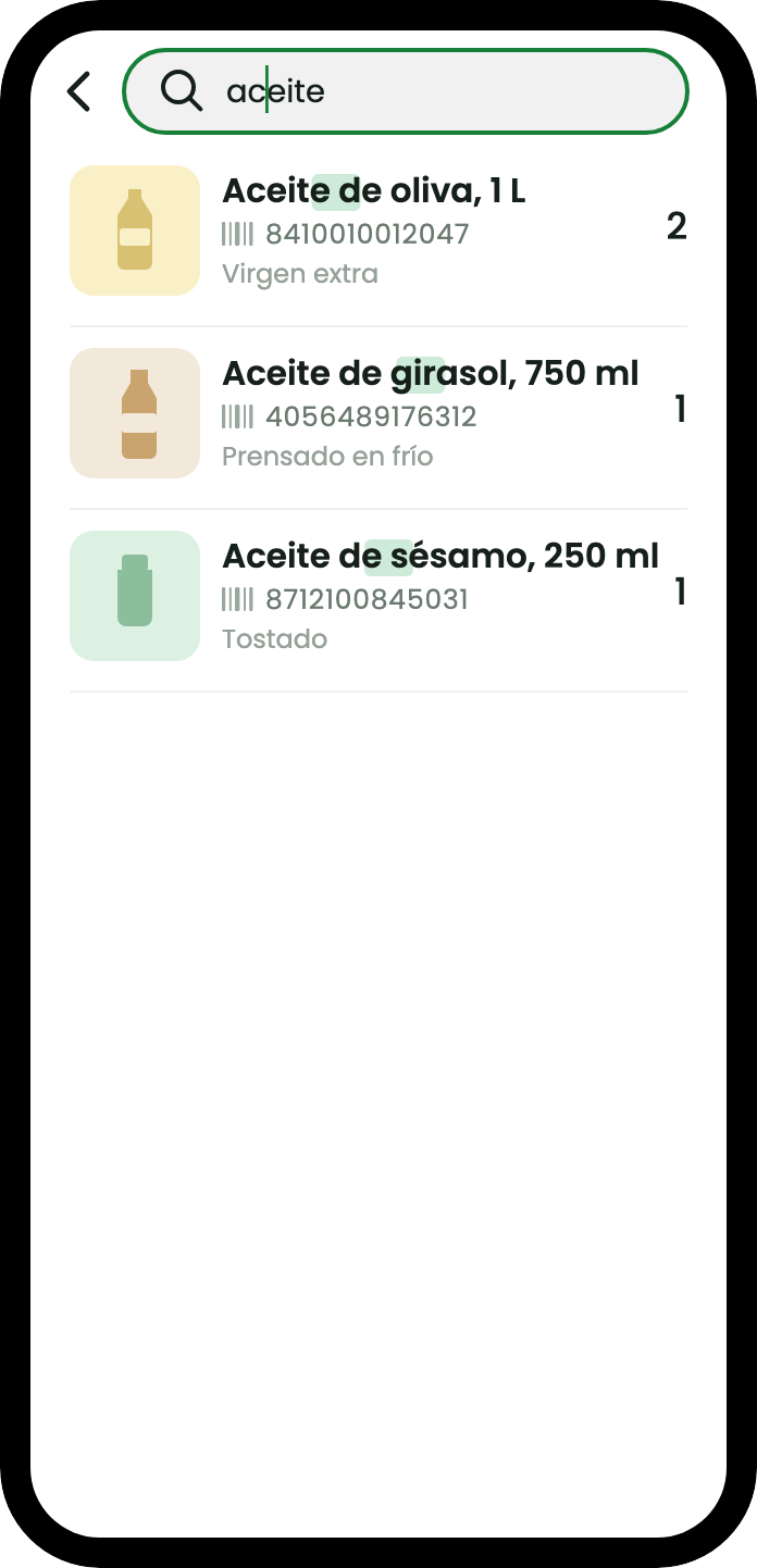 Una búsqueda de la palabra aceite, que encuentra tres productos por el nombre con la coincidencia resaltada: aceite de oliva, aceite de girasol y aceite de sésamo, cada uno con su código de barras y su cantidad.