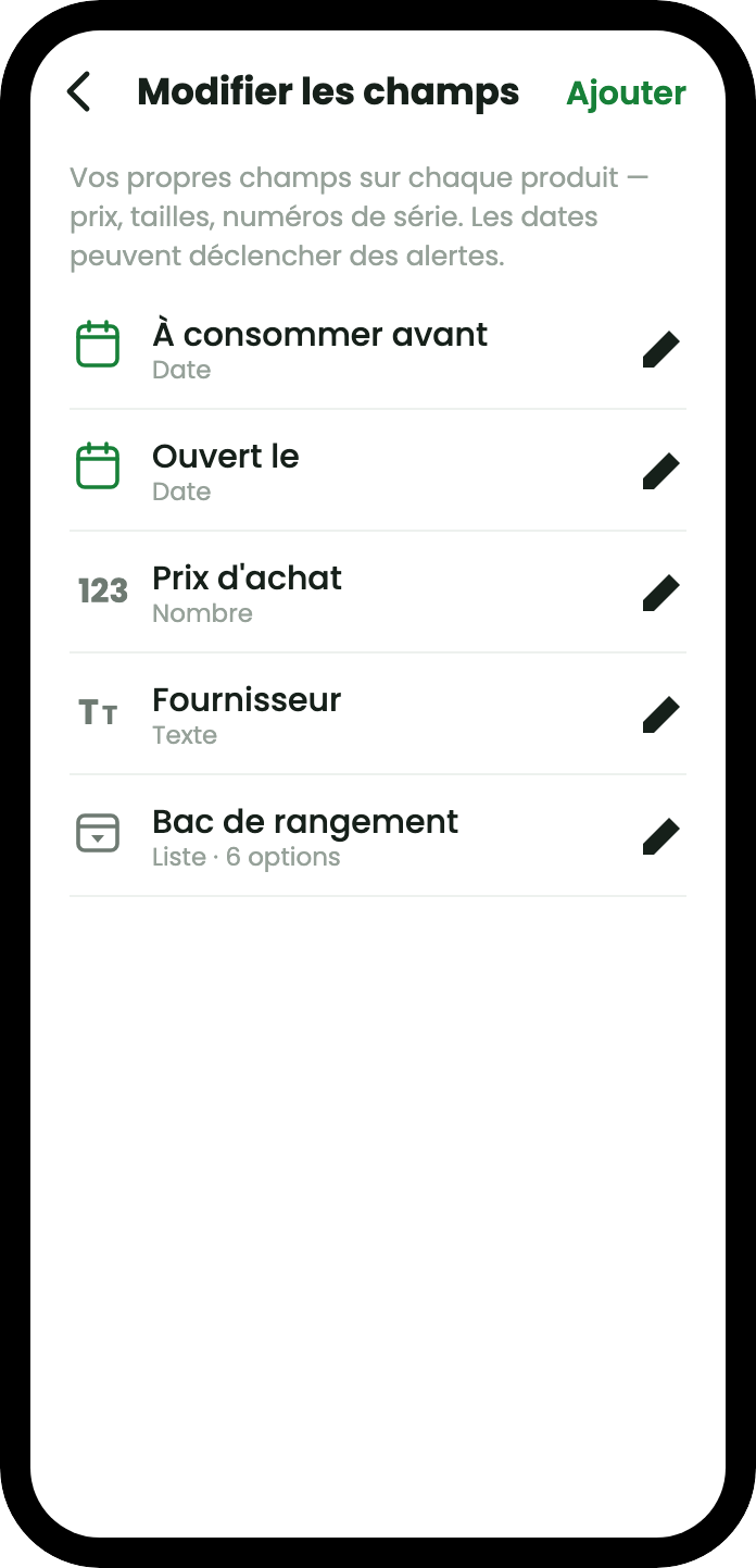L'écran de modification des champs listant cinq champs personnalisés avec leur type : À consommer avant et Ouvert le en dates, Prix d'achat en nombre, Fournisseur en texte, et Casier de rangement en liste déroulante avec six options.