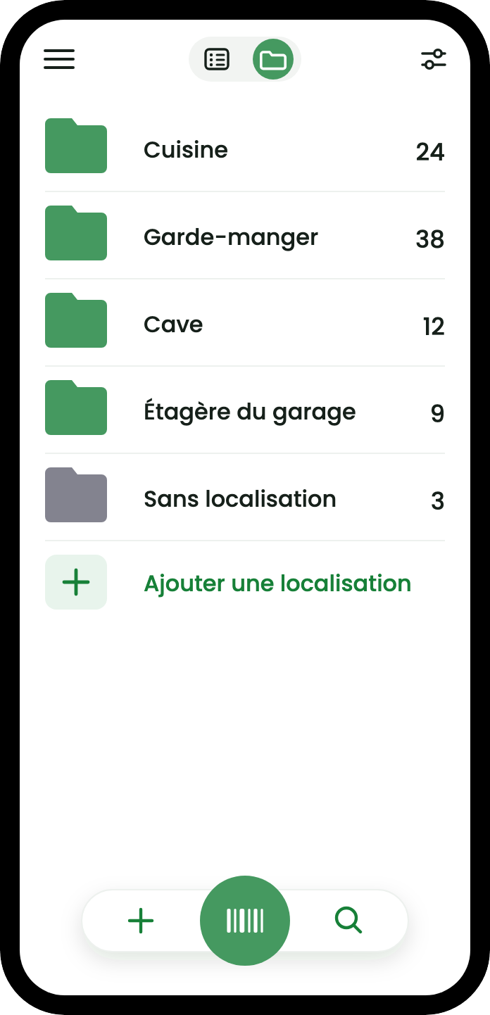 La vue Emplacements liste chaque lieu avec un décompte : Cuisine 24, Étagère du garde-manger 38, Cave 12, Étagère du garage 9, et Sans emplacement 3.
