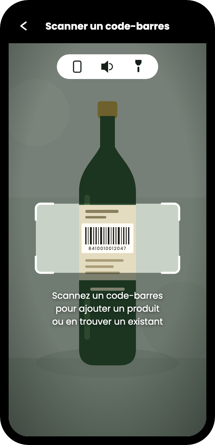 Le scanner pointé sur une bouteille, le code-barres encadré par quatre coins blancs et l'invite : scannez un code-barres pour ajouter un nouveau produit ou en retrouver un existant.