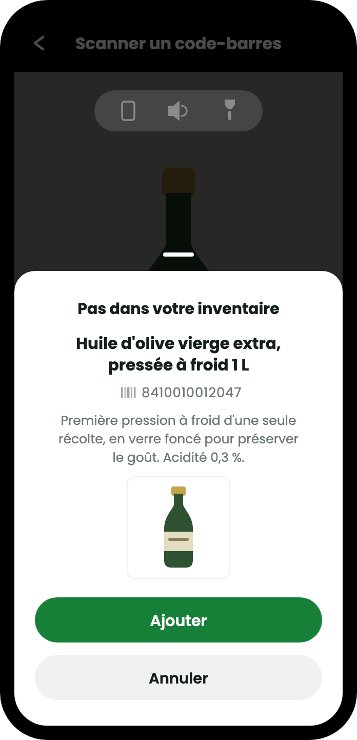 Le résultat de la recherche : huile d'olive vierge extra, pressée à froid, 1 l, avec son code-barres, une description et une photo du produit, et un bouton pour l'ajouter.