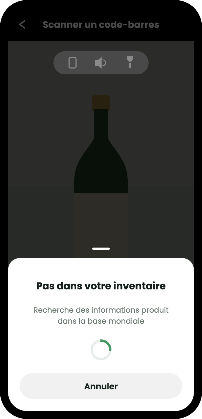 Une fiche indiquant Absent de votre inventaire, avec un indicateur de chargement et la ligne : recherche d'informations produit dans la base de données mondiale.