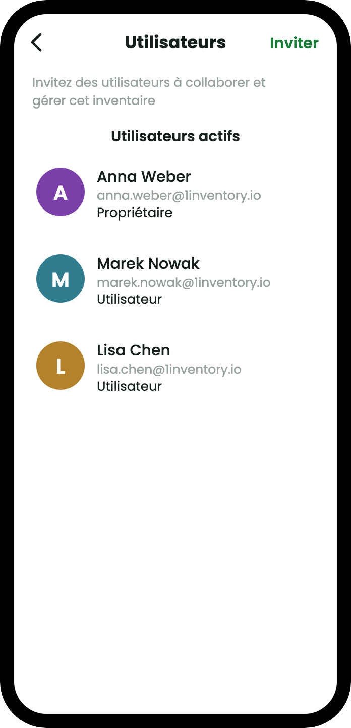 L'écran des utilisateurs d'un inventaire, avec Anna Weber comme propriétaire et Marek Nowak et Lisa Chen comme utilisateurs, chacun avec son adresse e-mail, et une action pour inviter.