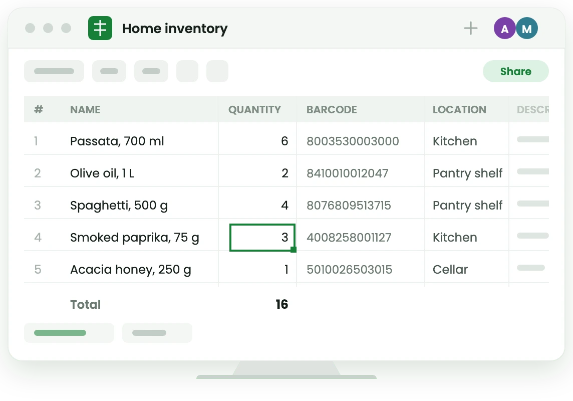 A Google Sheet named Home inventory. Each product is a row: name, barcode, quantity and location, with a running total underneath.
