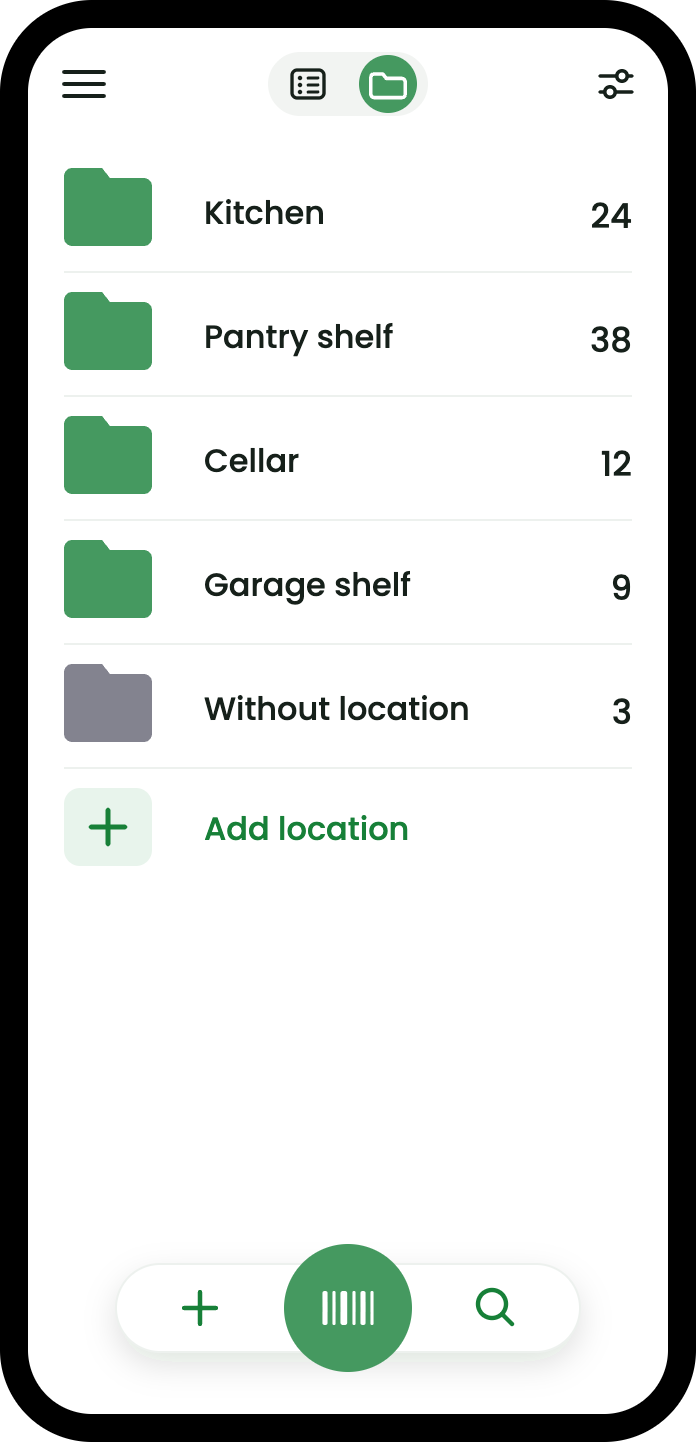 Locations view listing each place with a count: Kitchen 24, Pantry shelf 38, Cellar 12, Garage shelf 9, and Without location 3.
