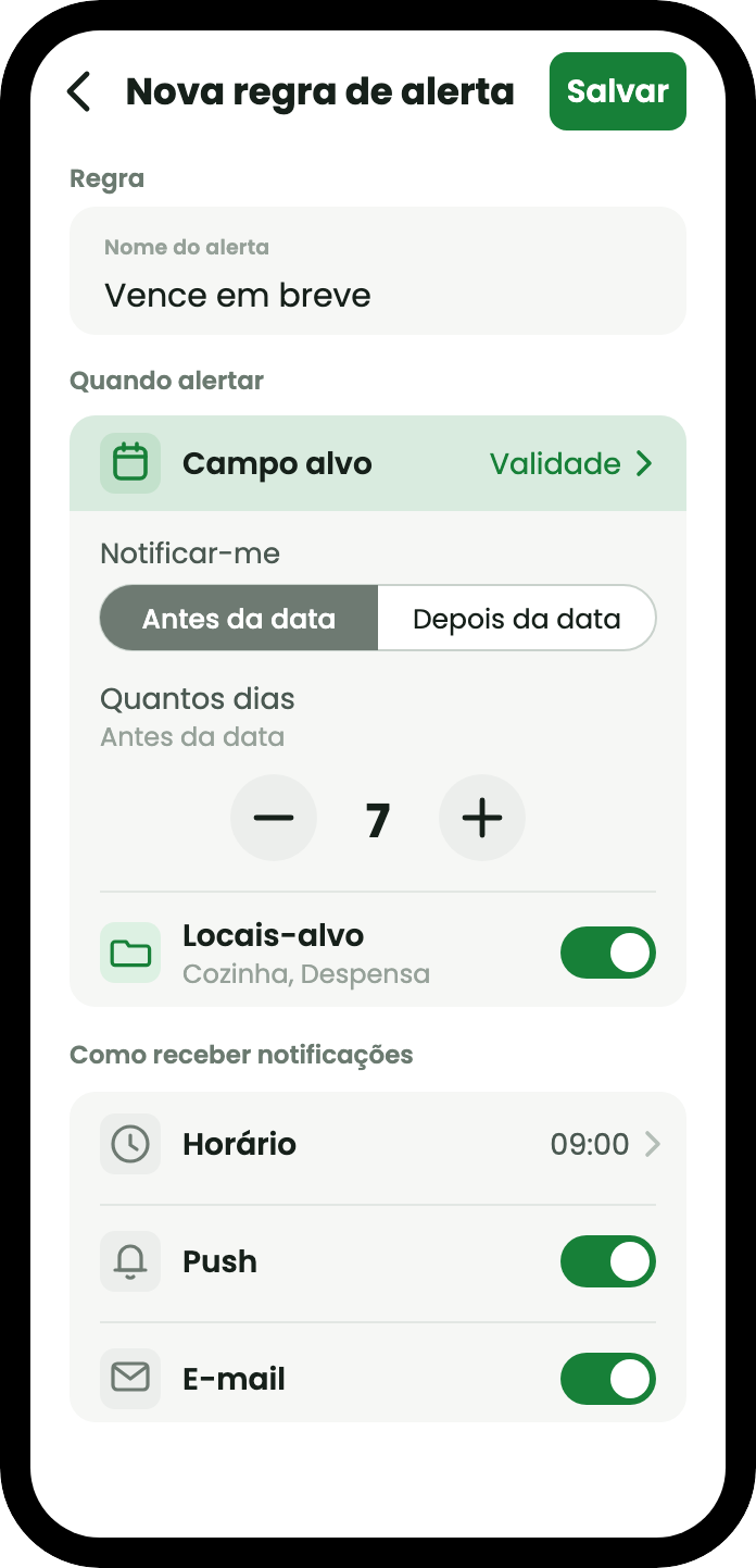 O ecrã de nova regra de alerta: uma regra chamada A expirar em breve, que vigia o campo Consumir até, avisa sete dias antes da data às 09:00, limitada às localizações Cozinha e Prateleira da despensa, com notificação e e-mail ambos ativados.
