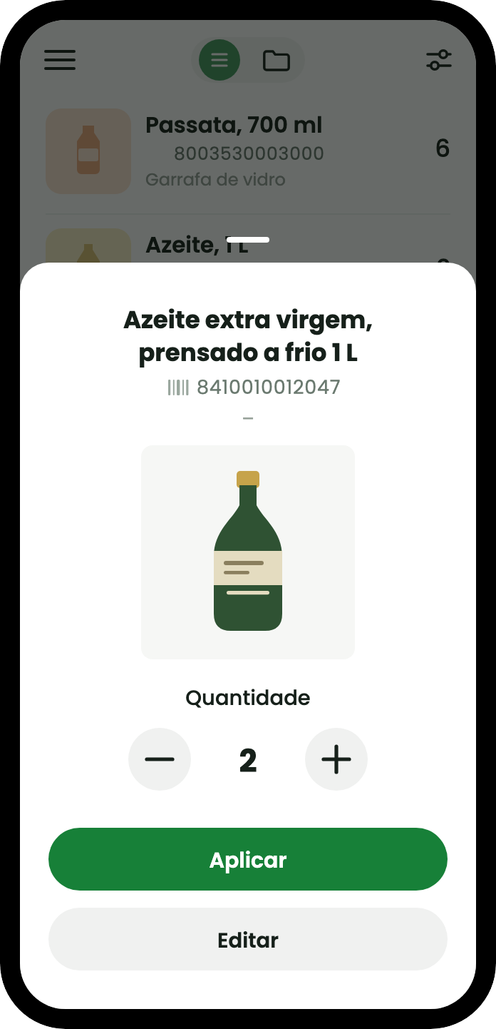 Ler um produto que já está na lista faz aparecer a sua ficha de quantidade: azeite virgem extra com a fotografia, um menos e um mais de cada lado do número 2, e um botão para aplicar.