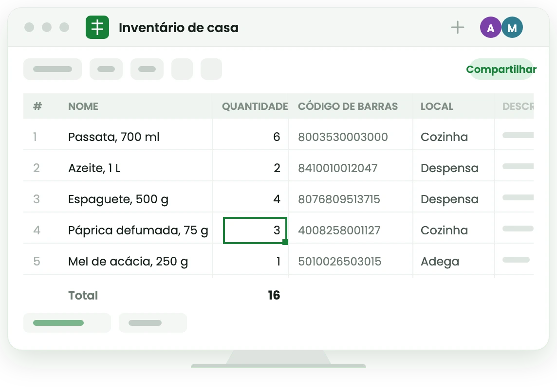 Uma folha do Google chamada Home inventory. Cada produto é uma linha: nome, código de barras, quantidade e localização, com um total acumulado por baixo.