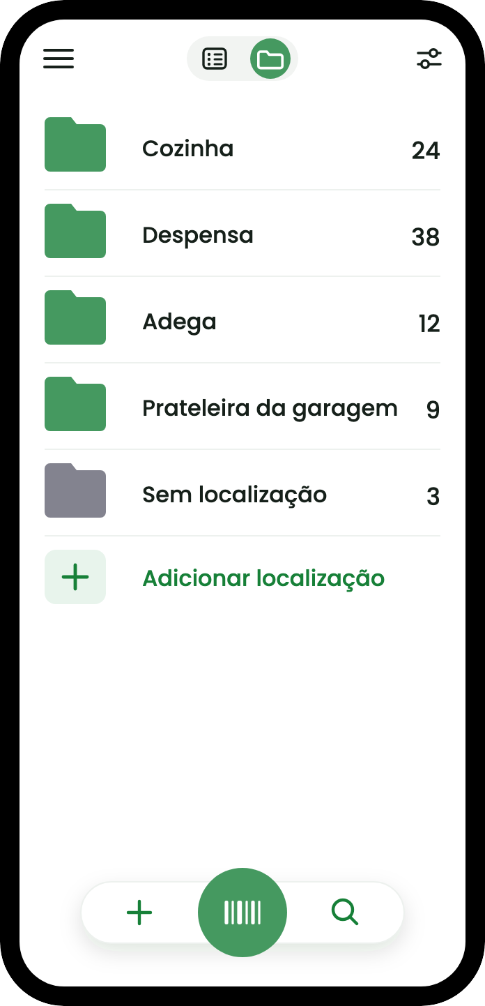 A vista de localizações lista cada lugar com uma contagem: Cozinha 24, Prateleira da despensa 38, Cave 12, Prateleira da garagem 9, e Sem localização 3.
