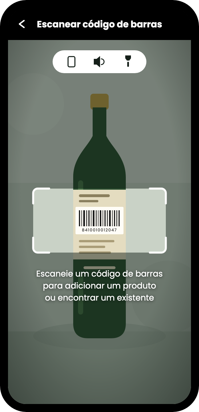 O leitor apontado a uma garrafa, com o código de barras enquadrado por quatro cantos brancos e a indicação: leia um código de barras para acrescentar um produto novo ou encontrar um existente.