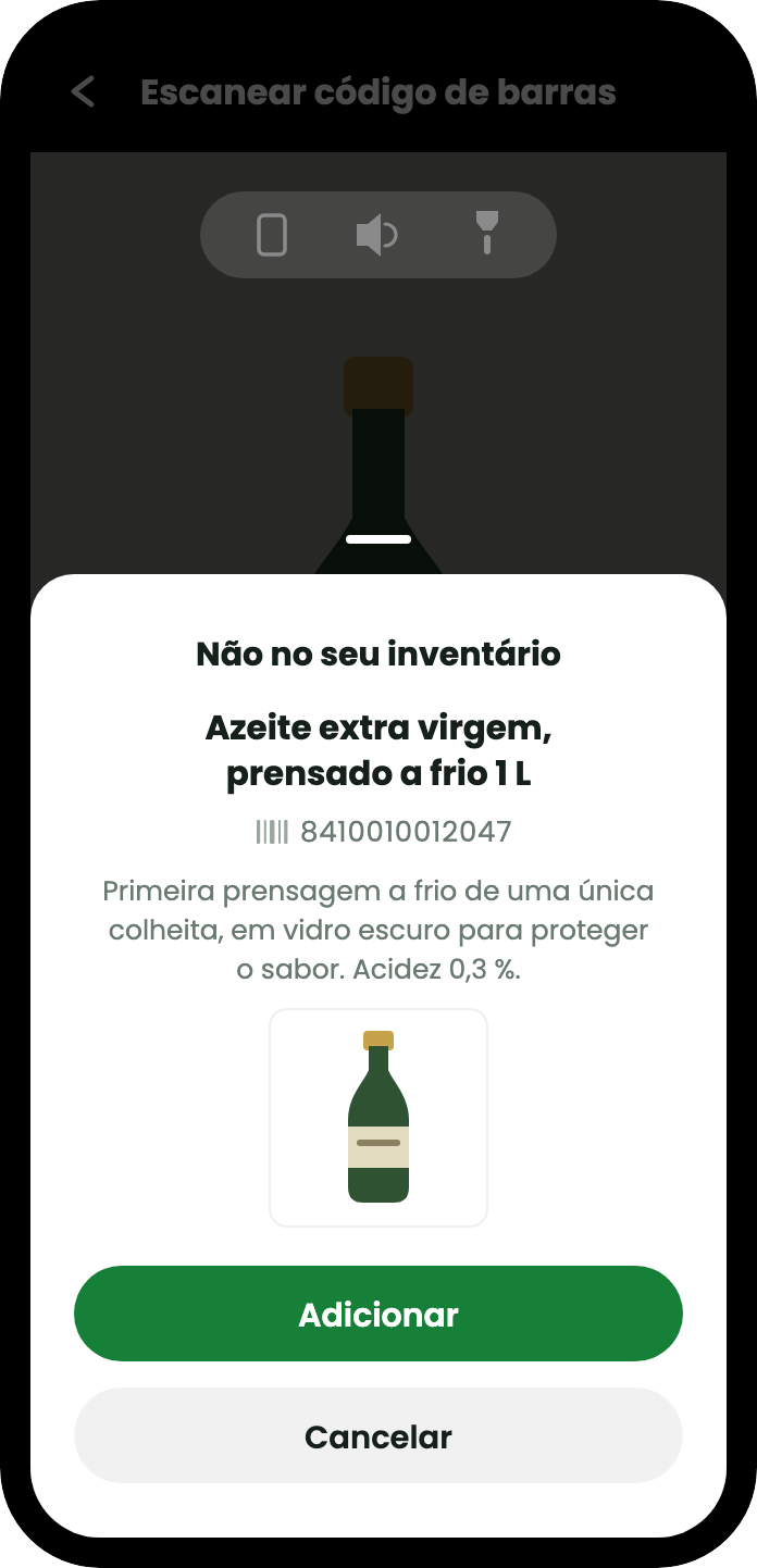 O resultado da consulta: azeite virgem extra, prensado a frio, 1 l, com o código de barras, uma descrição e uma fotografia do produto, e um botão para acrescentar.
