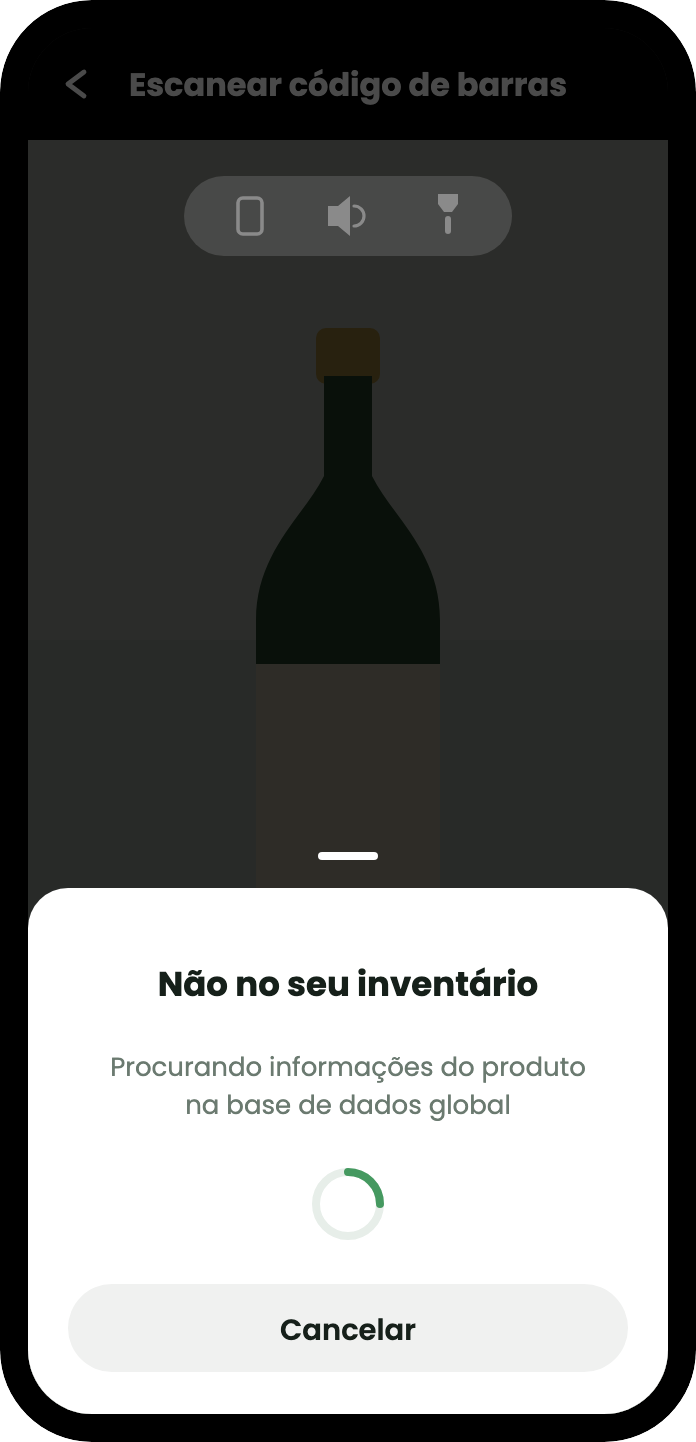 Uma ficha a dizer Não está no seu inventário, com um indicador de carregamento e a linha: a procurar informação do produto na base de dados global.