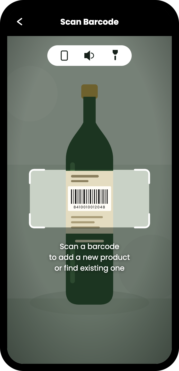 The scanner aimed at a bottle, with the barcode framed by four white brackets and the prompt: scan a barcode to add a new product or find existing one.