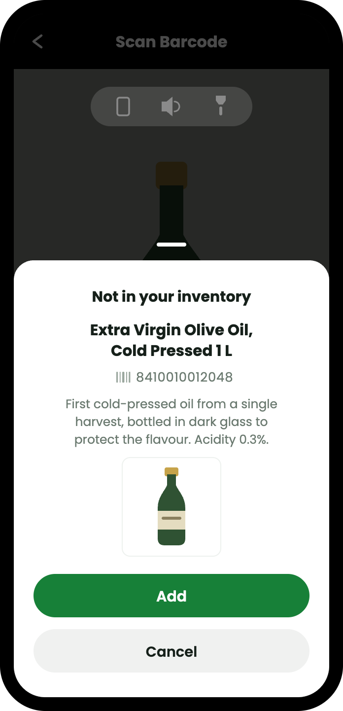The looked-up result: Extra Virgin Olive Oil, Cold Pressed 1 L, its barcode, a description and a product photo, with an Add button.