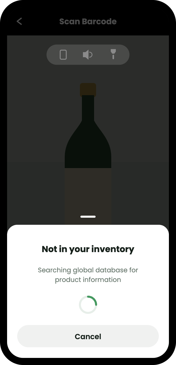 A sheet reading Not in your inventory, with a spinner and the line: searching global database for product information.
