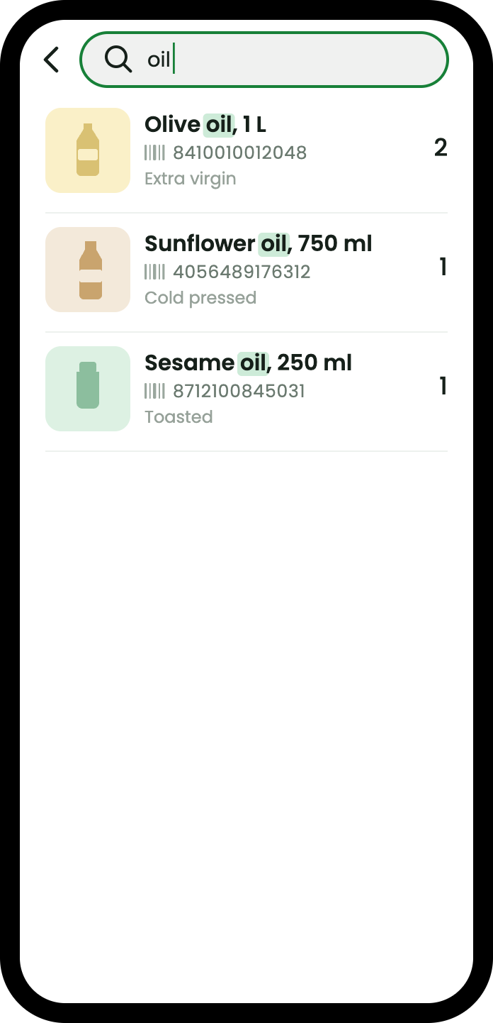 A search for the word oil, matching three products by name with the match highlighted: olive oil, sunflower oil and sesame oil, each with its barcode and quantity.