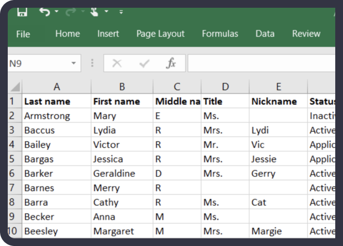 Inventory data organised in a spreadsheet