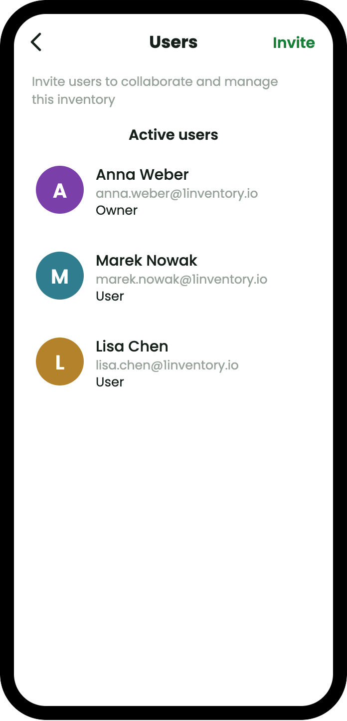 The users screen for an inventory, listing Anna Weber as Owner and Marek Nowak and Lisa Chen as User, each with their email address, and an Invite action.